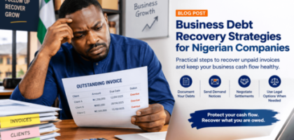 Nigerian business owner reviewing overdue invoices and debt recovery strategies