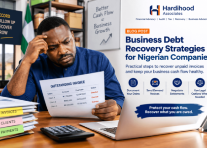 Nigerian business owner reviewing overdue invoices and debt recovery strategies