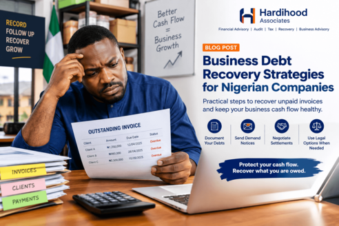 Nigerian business owner reviewing overdue invoices and debt recovery strategies