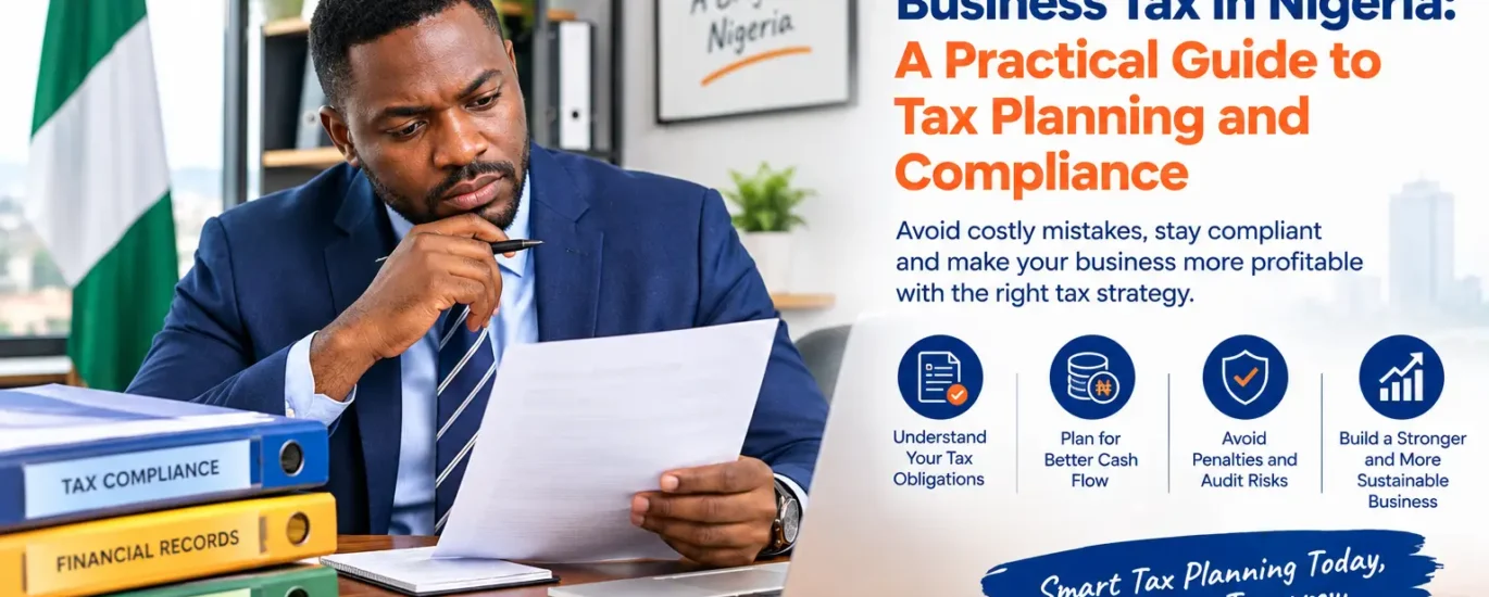 Nigerian business professional reviewing tax compliance documents and financial records
