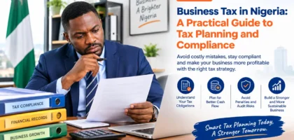Nigerian business professional reviewing tax compliance documents and financial records