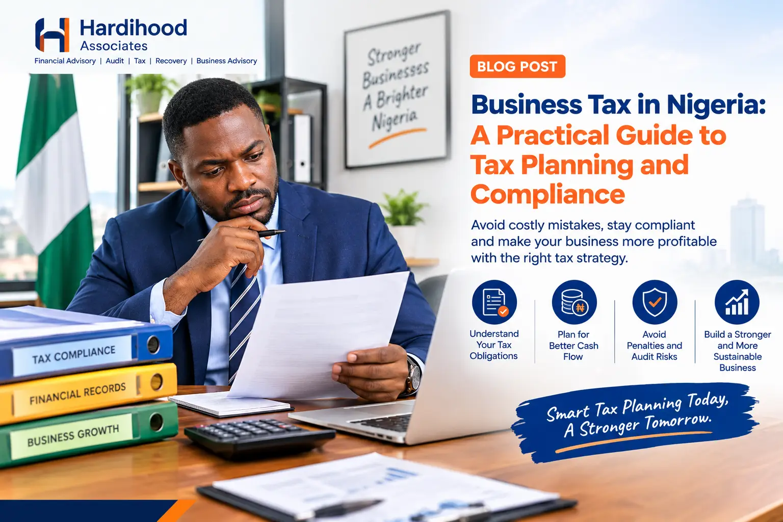 Nigerian business professional reviewing tax compliance documents and financial records
